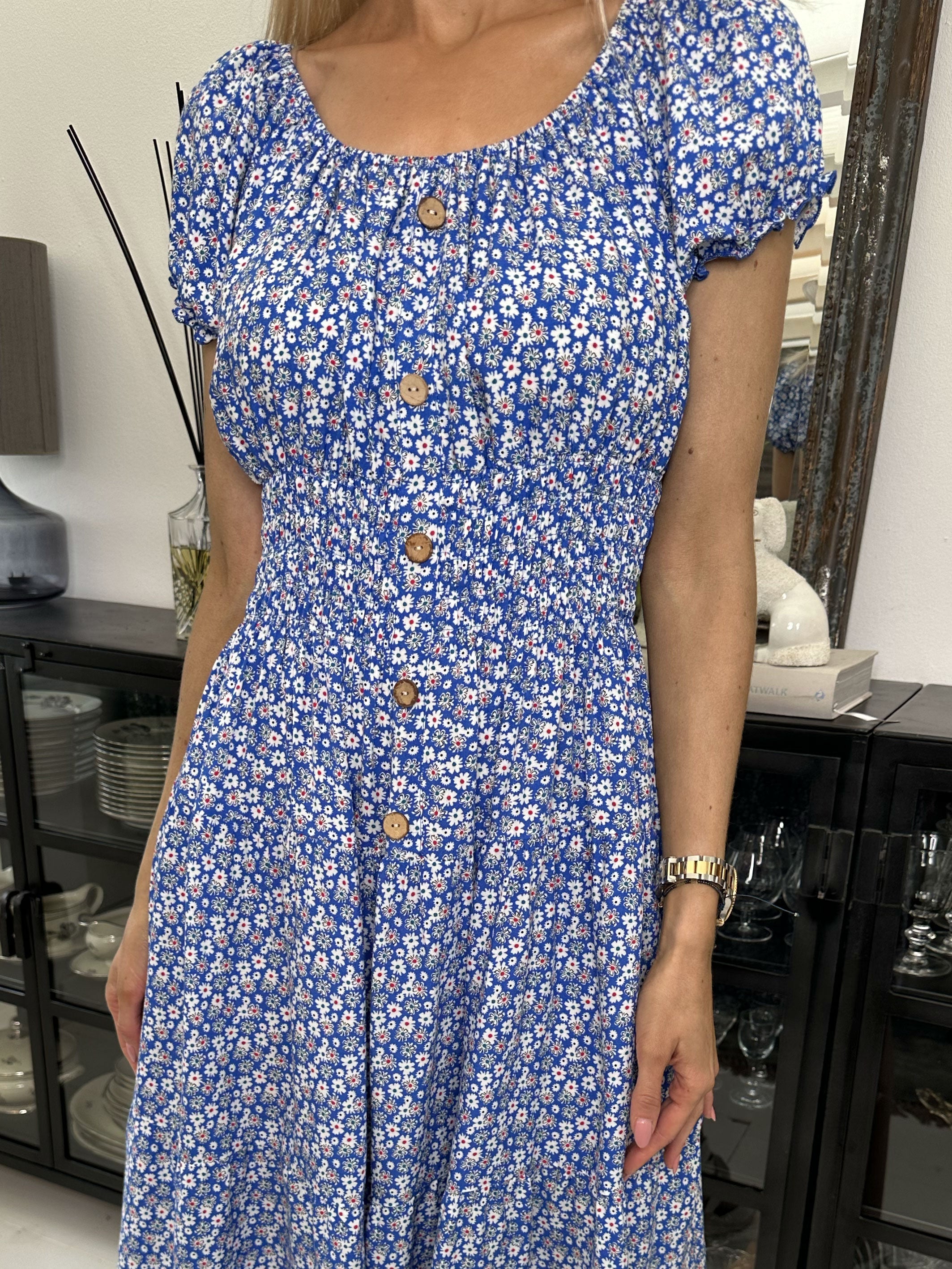 Finalia flower short - Söt liten blommig klänning med puffärmar och resår i midjan - Navy